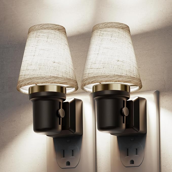 L LOHAS LED Night Lights Plug into Wall, 2 Pack Linen Fabric Round Platform by LLOHASLED