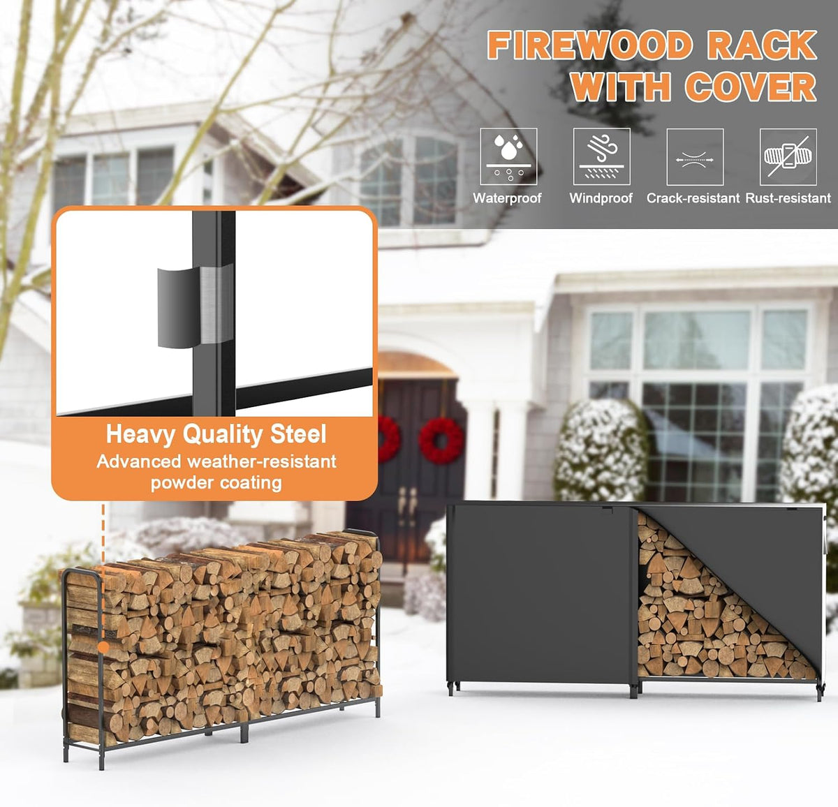 8ft firewood rack outdoor with cover, heavy duty shown in use