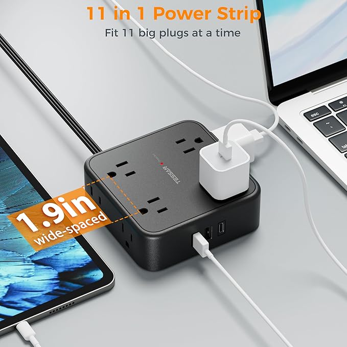 15 FT Extension Cord, TESSAN Ultra Thin Flat Plug Power Strip Surge Protector - Image 4