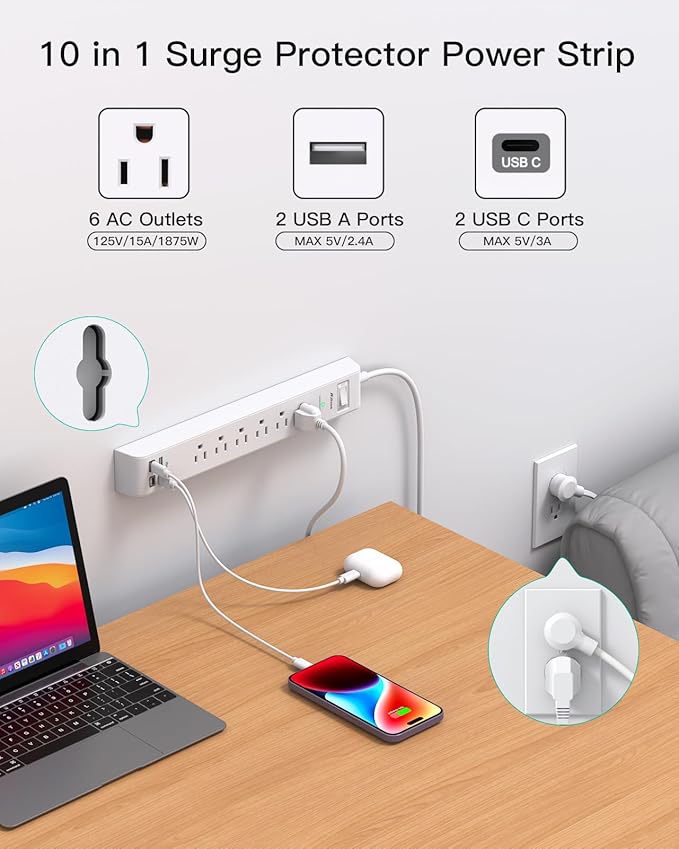2 Pack Power Strip Surge Protector, 15FT Long Extension Cord, Surge Protector - Image 2