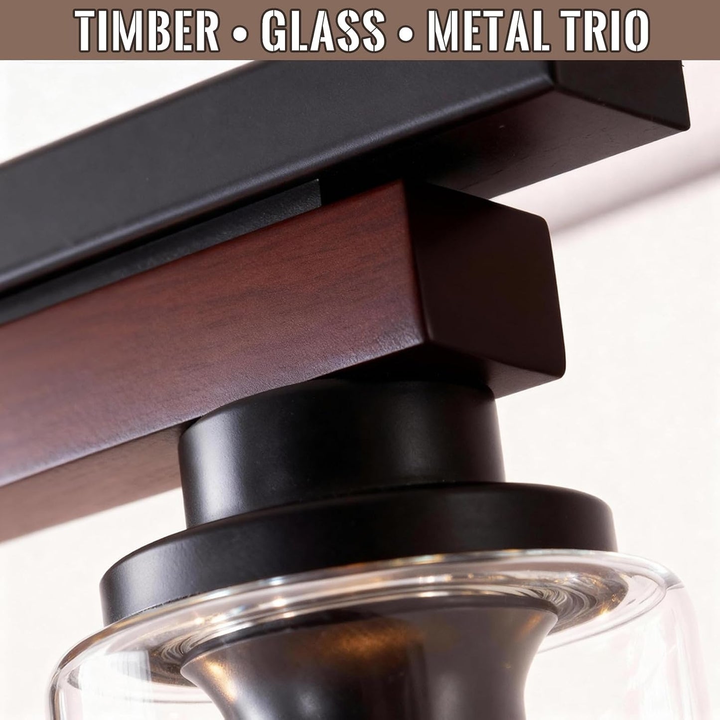 6-Light Black Linear Chandelier,43.3" Dining Room Light Fixture Over Table | Rotating Arms,Wooden Accents,Clear Glass,Adjustable Height, Sloped-ceiling Support for Kitchen Islands, Dining Tables,Bars.