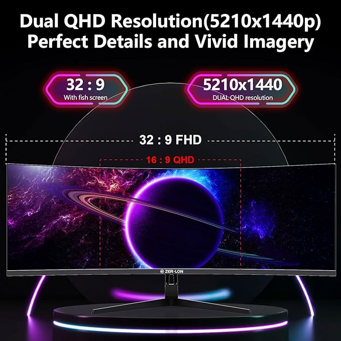 ZER-LON 49" Curved Gaming Monitor 165Hz 1500R 32:9 Daul QHD 5120 x 1440 - Image 4