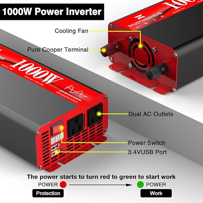 1000W Pure Sine Wave Inverter 12V DC to 120V AC Car Power Inverter - Image 3