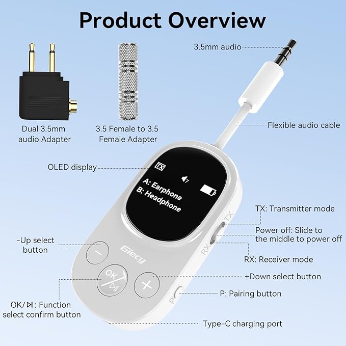 Giecy Airplane Bluetooth 5.3 Transmitter Receiver Adapter, Supports 2 AirPods - Image 4