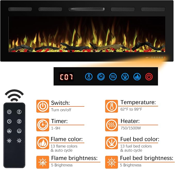 45" WiFi Electric Fireplace Inserts, Recessed and Wall Mounted Fireplace Heater - Image 2