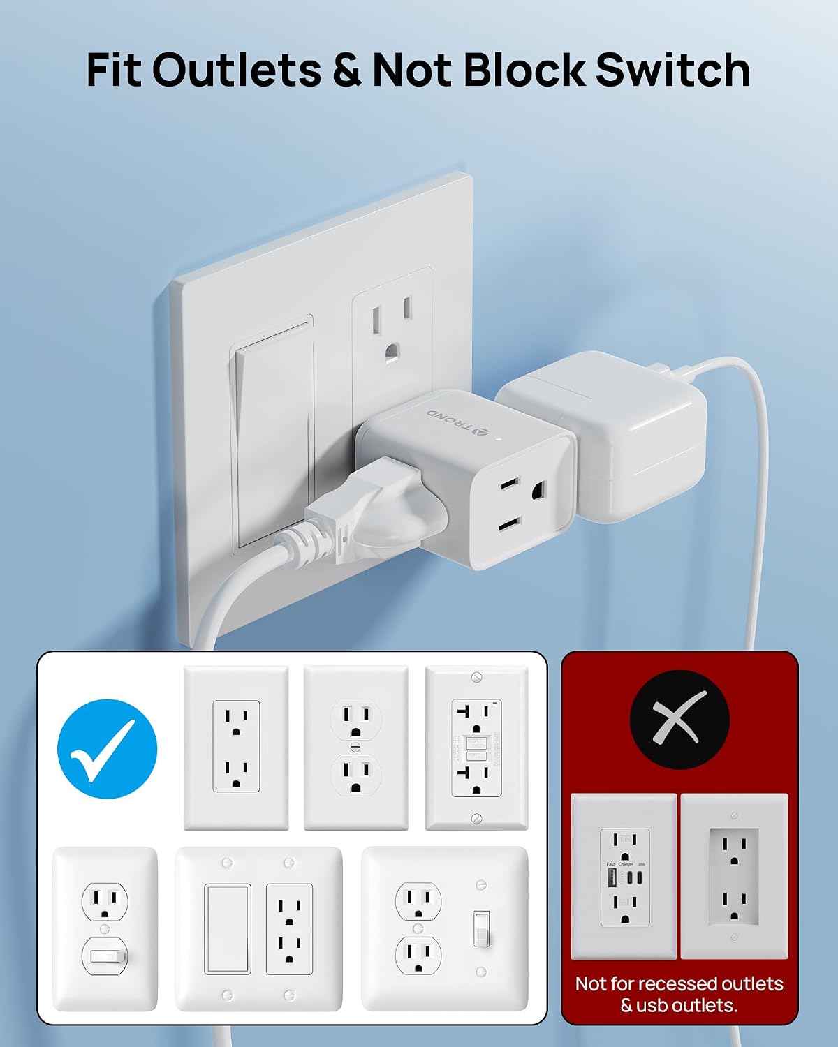TROND Multi Plug Wall Outlet Extender 2 Pack, Small Outlet Splitter, White | ETL Listed 3 Way Plug Extender Fit Large Adapter, Multiple Wall Expander for Cruise Travel Home Kitchen Bathroom Tight Space