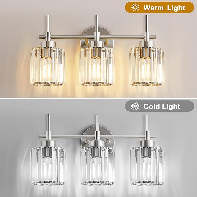EJIAXIN 3 Light Crystal Bathroom Light Fixtures, Brushed Nickel Vanity Mirror - Image 2