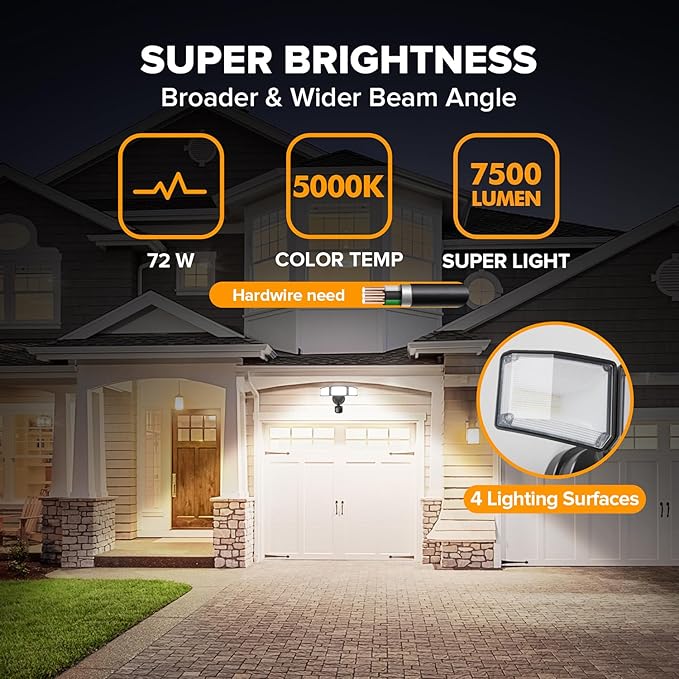 LUTEC 72W 7500LM LED Security Lights Motion Sensor Light Outdoor, 5000K Daylight - Image 2