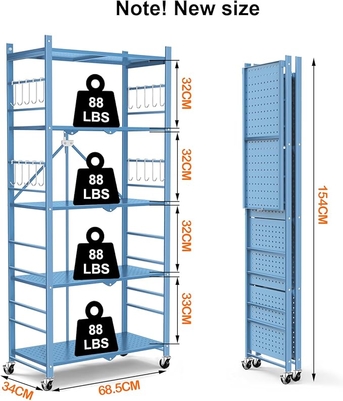Storage Shelves with 20 Hooks, 5-Tier Foldable Shelf - Image 3