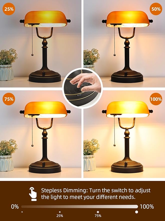 Newrays Matted Amber Glass Bankers Desk Lamp, Stepless Dimmable Table Lamp Plug - Image 6