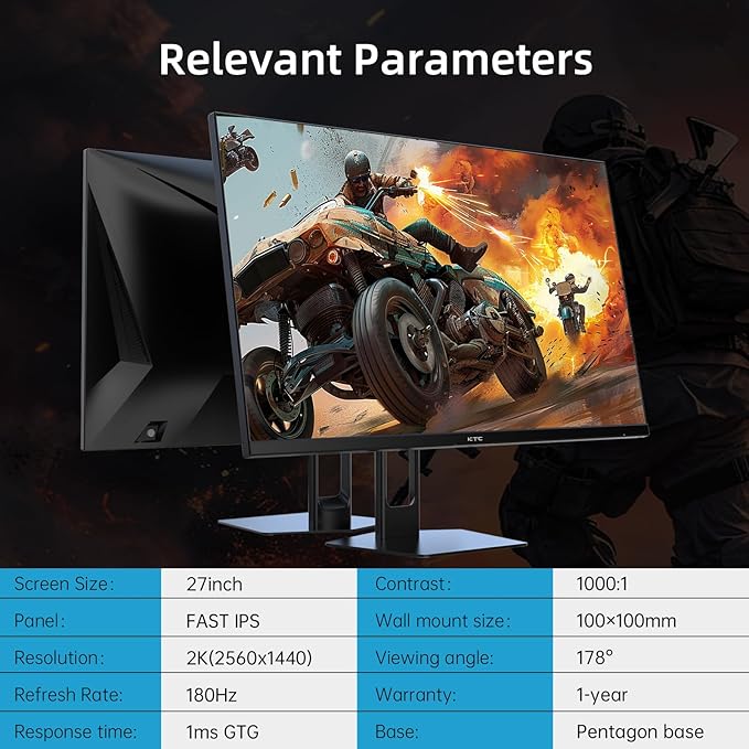 KTC 27” Gaming Monitor 180Hz QHD, Fast IPS Monitor, 122% sRGB, 1X DP & 2X HDMI - Image 6