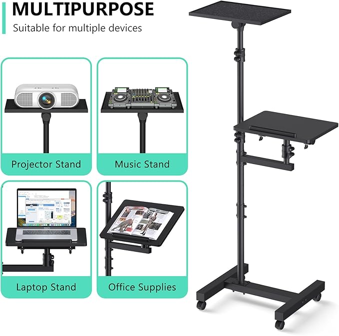 Projector Stand Tripod: 2 Shelves Mobile Laptop Cart Adjustable Height 45 to 64 - Image 4