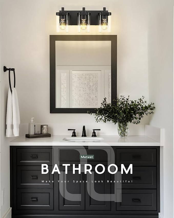 METWET Bathroom Light Fixtures Over Mirror, 3-Light Matte Black Vanity Light - Image 5