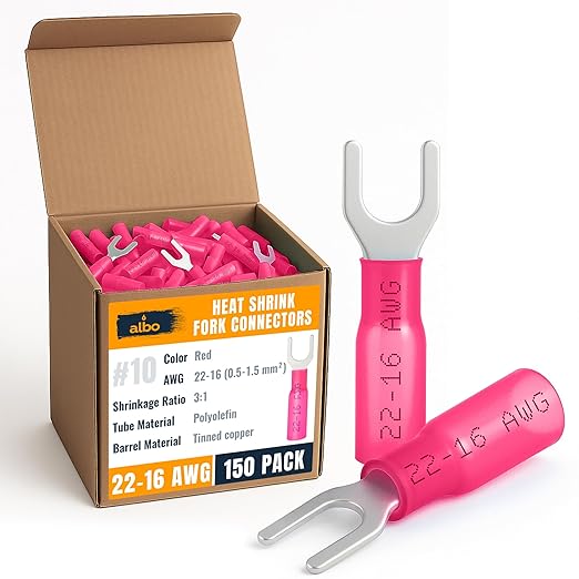 150PCS Red Heat Shrink Fork Spade Connectors #10 – 22-16 AWG Tinned Copper by BinamInc