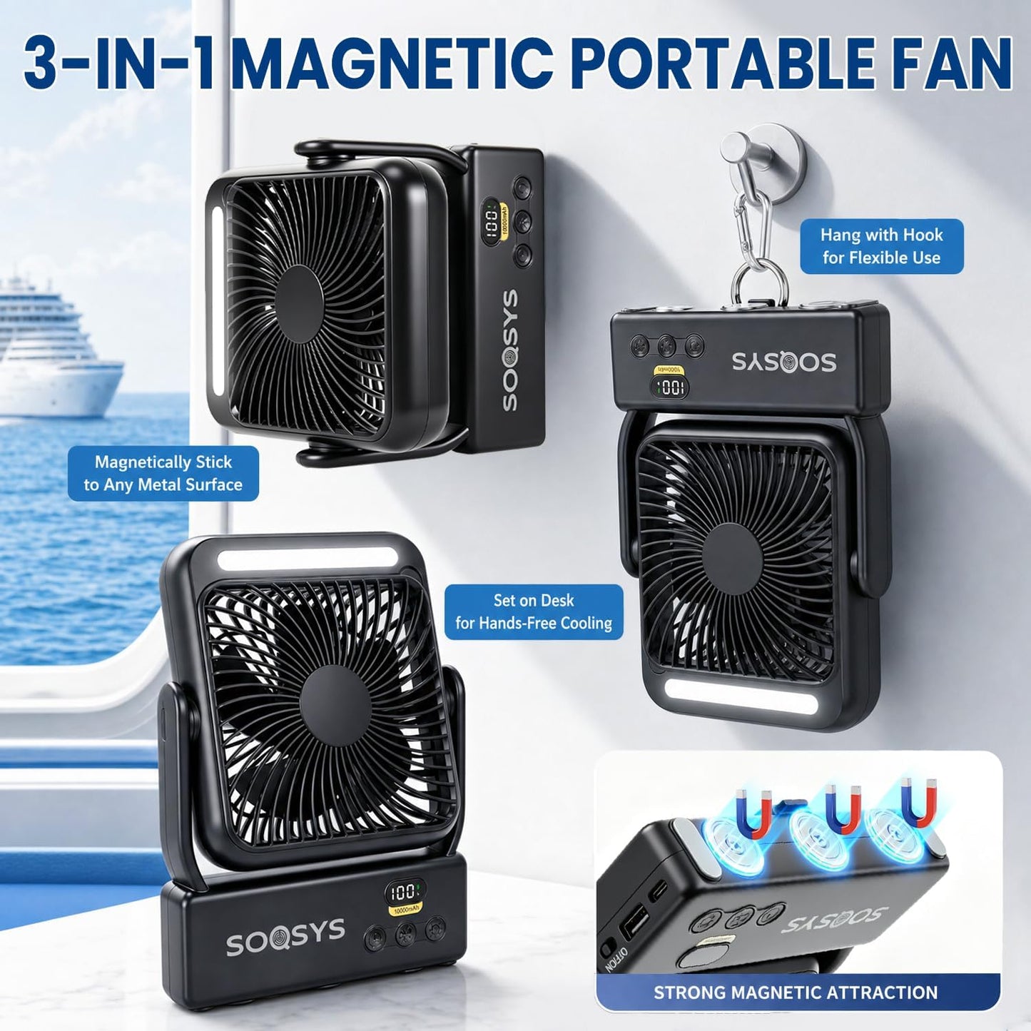 Cruise Approved Magnetic Fan with Night Light, 10000mAh Ultra-Slim Cruise Ceiling Fan, 4-Speed, Hook Design, Timer, LED Display, Portable Fan for Cruise Ship, Camping, Travel, Cruise Essentials
