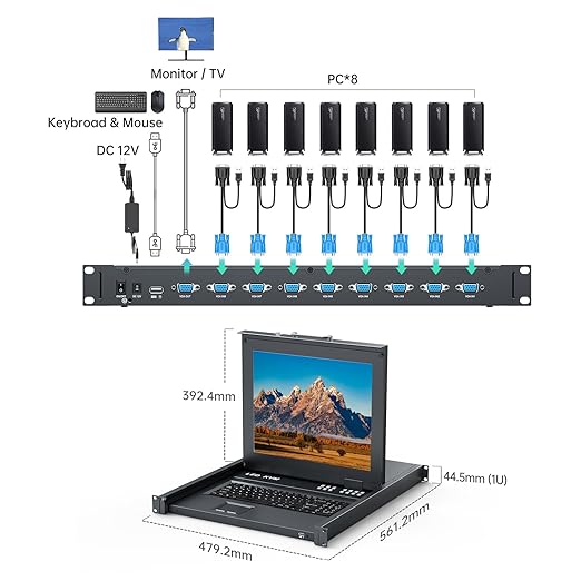 MT-VIKI Rack KVM Monitor Switch 8 Port w/17'' LCD Monitor, Fit 1U 19'' Rack - Image 3