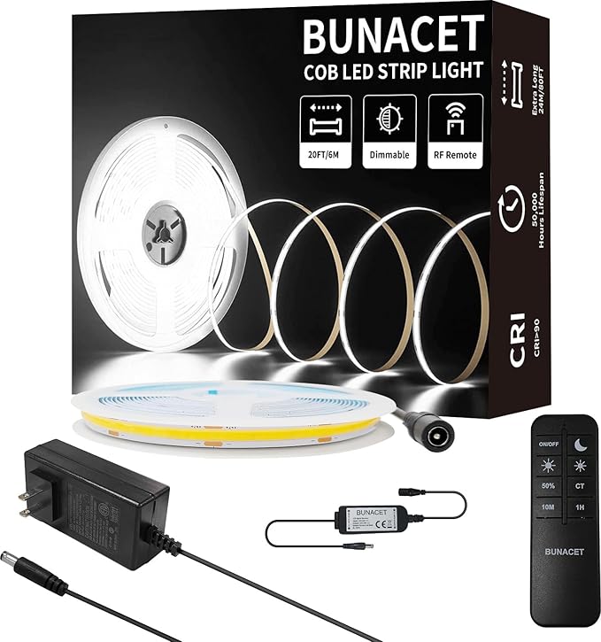 BUNACET COB LED Strip Light 20ft/6m Cool White 6500K High Lumen CRI 90+ by BUNACET