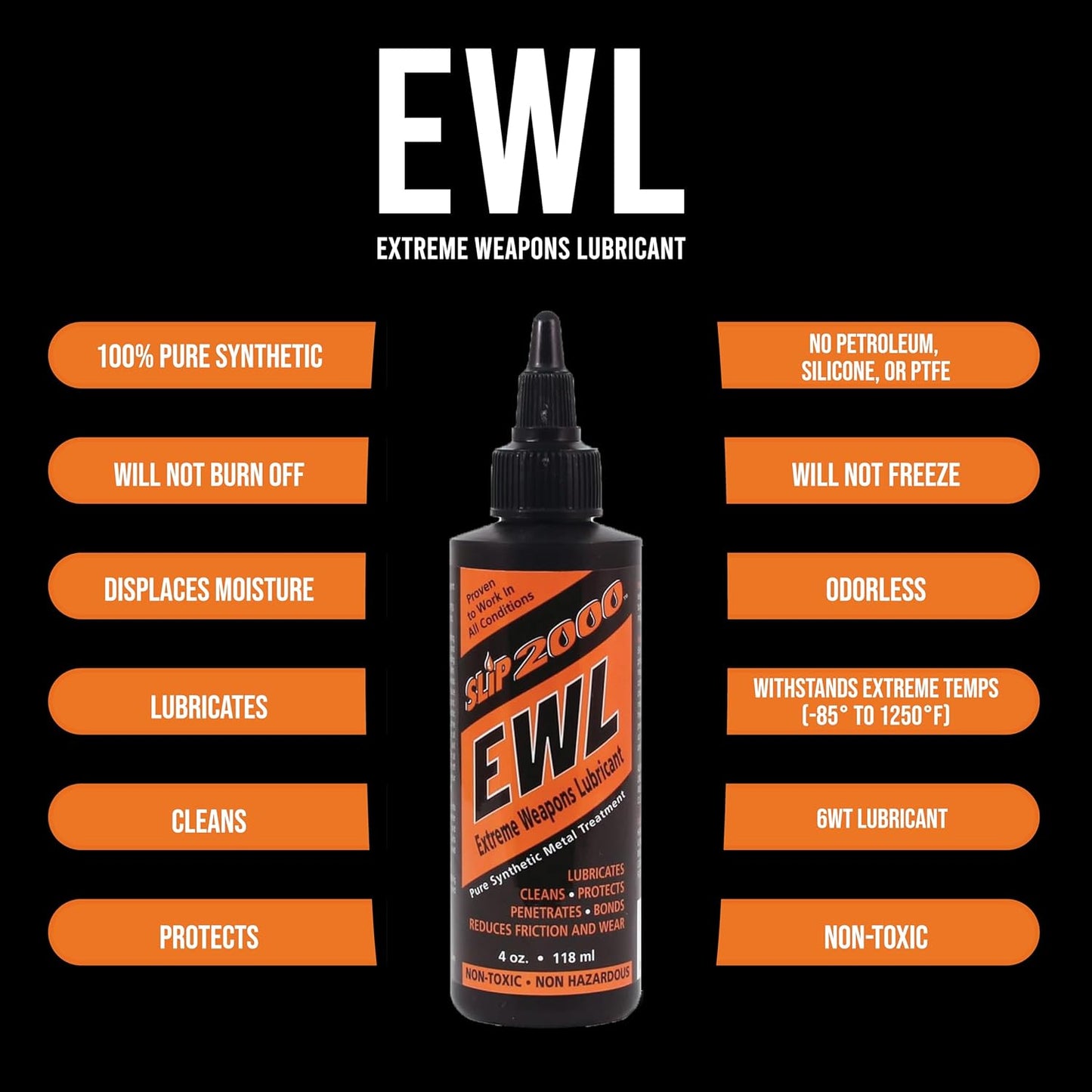 SLIP 2000 EWL CLP Gun Lube - Extreme Weapons Lubricant Synthetic Gun CLP Cleaner - 4 oz Squeeze Bottle | Cleans, protects and lubricates machine guns and chain guns