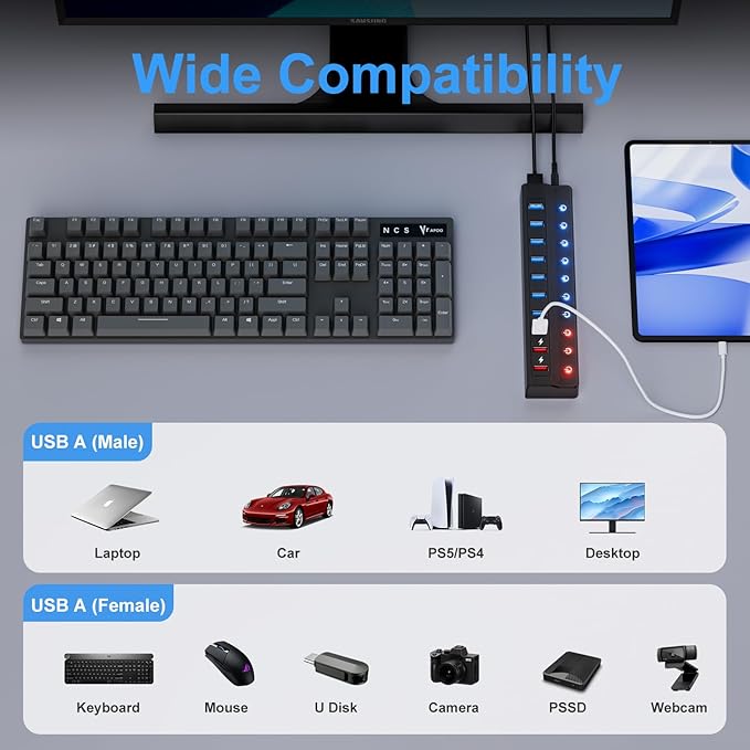 ONFINIO Powered USB Hub, 10-Port USB Splitter Hub - Image 6