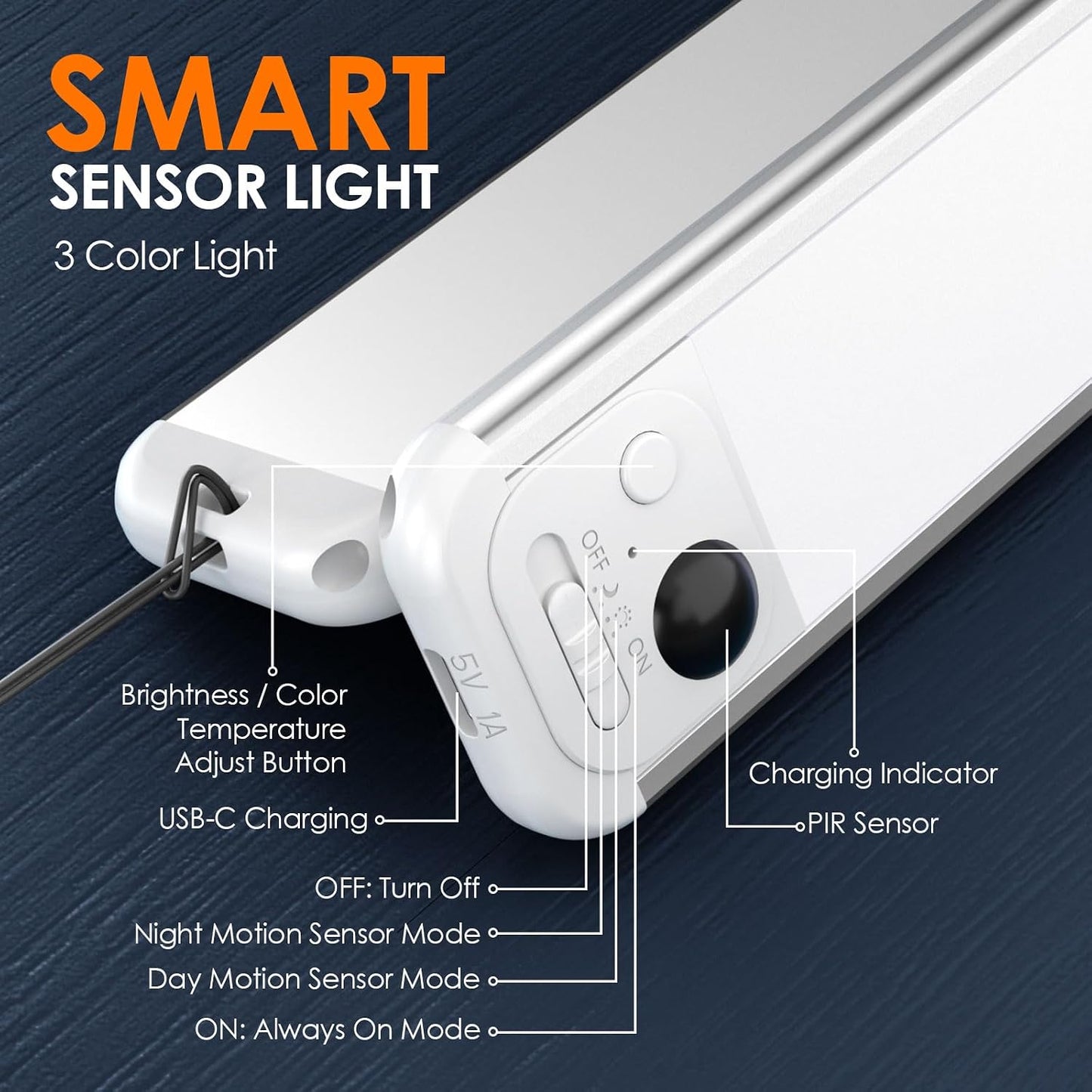 RUIKORING 8.5" Under Cabinet Lighting 6 Pack, 3 Colors, Motion Sensor Light Indoor,48 LED Rechargeable Closet Lights, Dimmable Under Counter Lights, Stick-On Magnetic Cabinet Night Lights for Kitchen