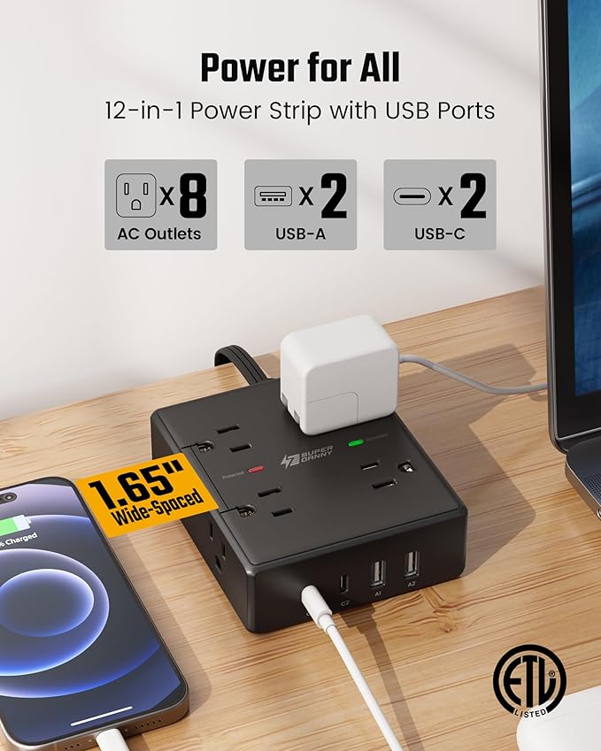 10Ft Extension Cord with Multiple Outlets, Flat Plug Power Strip Surge - Image 3