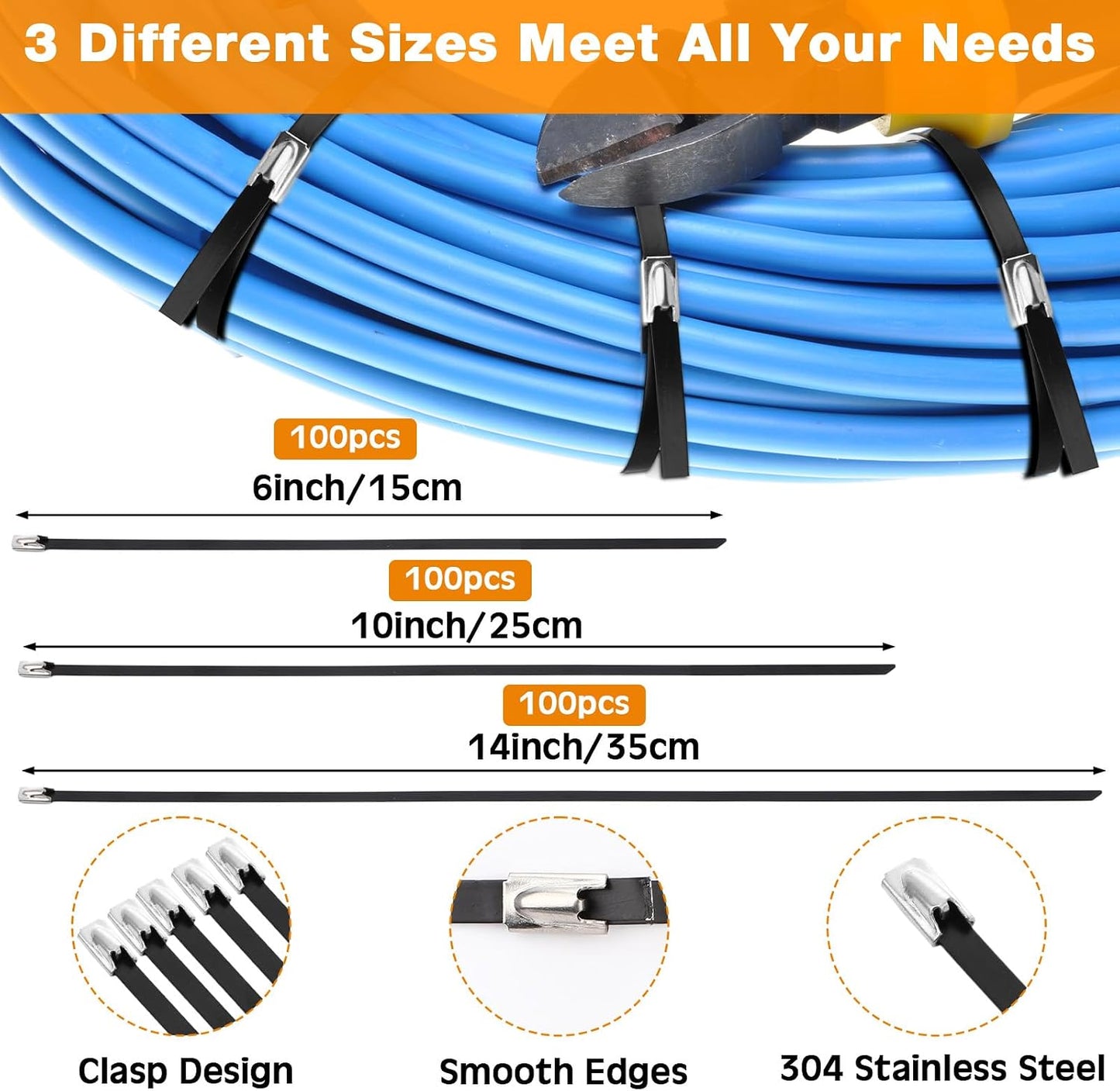 Therwen 300 Pcs Metal Zip Ties Heavy Duty 304 Stainless Steel Multi Purpose Self Locking Cable Ties for Exhaust Machinery Fence Farm Pipe Roof Outdoor (Multi Sizes)