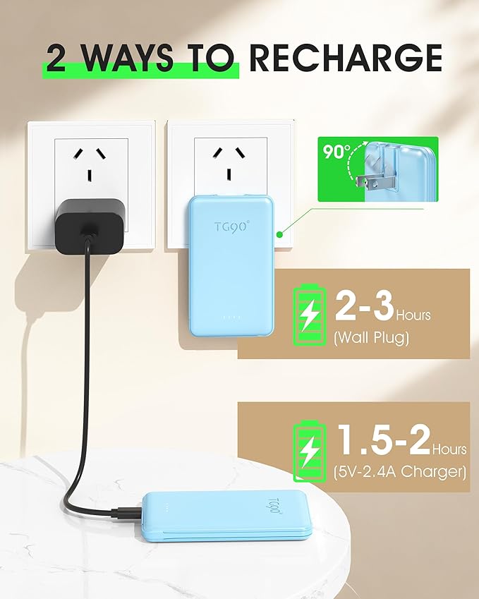 TG90° Portable Charger Built-in AC Wall Plug and Cables, Slim Fast Charging - Image 6