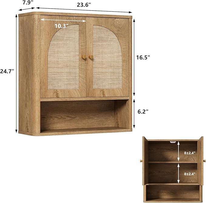 RUSTOWN Rattan Bathroom Wall Cabinet, Over The Toilet Storage Cabinets - Image 2