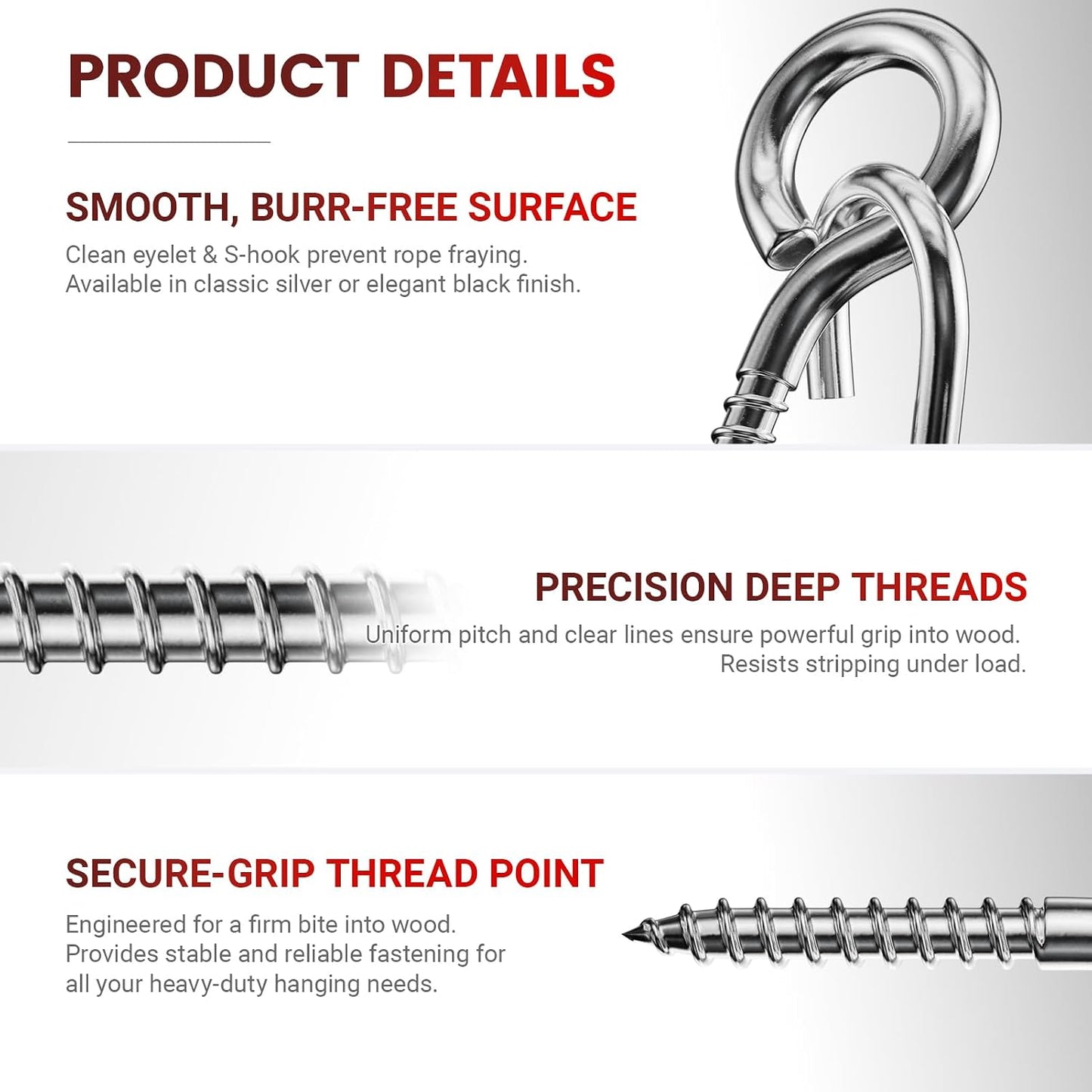 300LB 304 Stainless Steel 3.2inch Screw Eye Bolt Hook with S-Hook | Screw Eye Hooks for Wood, Hammock, Outdoor String Lights, Hanging Plants, Swing, Wind Chimes & Rope Tie Down, set of 5