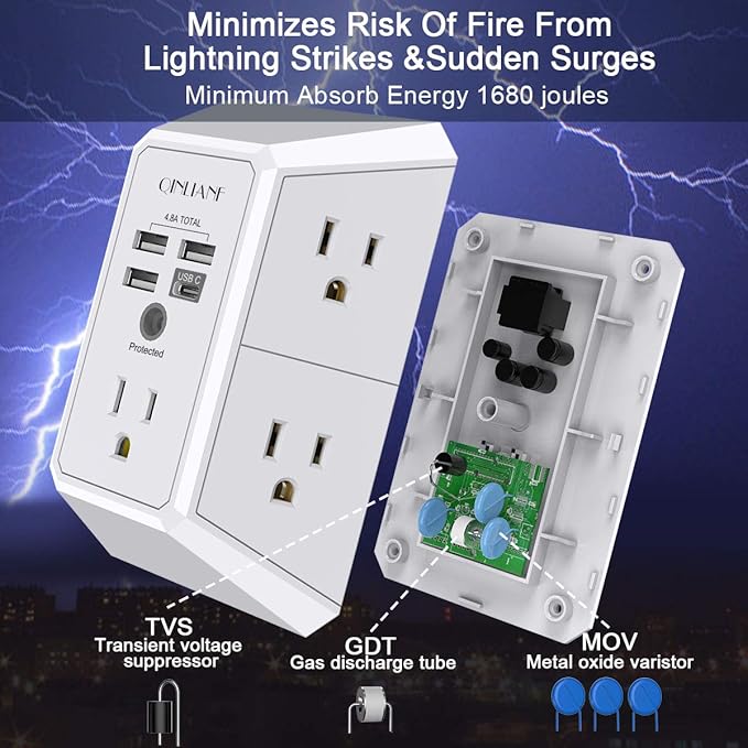 Wall Charger, Surge Protector, QINLIANF 5 Outlet Extender - Image 6