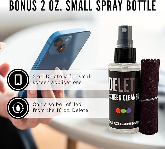 Delete Screen Cleaner Spray Kit, 4 Pack, 2oz Bottle and 12"x12" Microfiber - Image 3