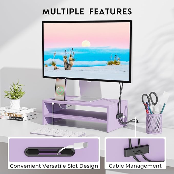 BONTEC Wooden Monitor Stand Riser, 2-Tier Desk Shelf - Image 2
