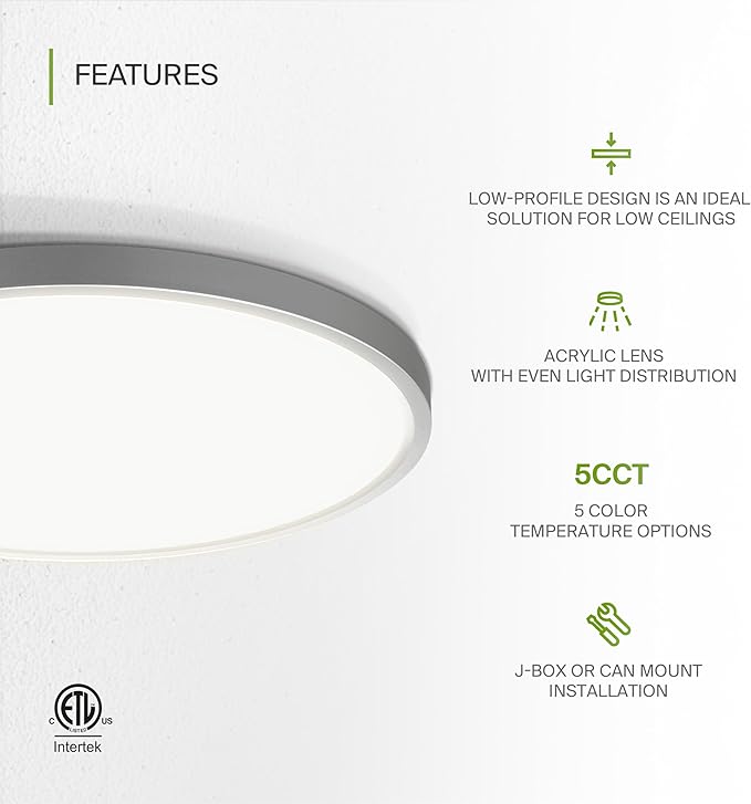 ASD LED 12" Round Flush Mount Ceiling Light Fixture, Low Profile Surface - Image 3