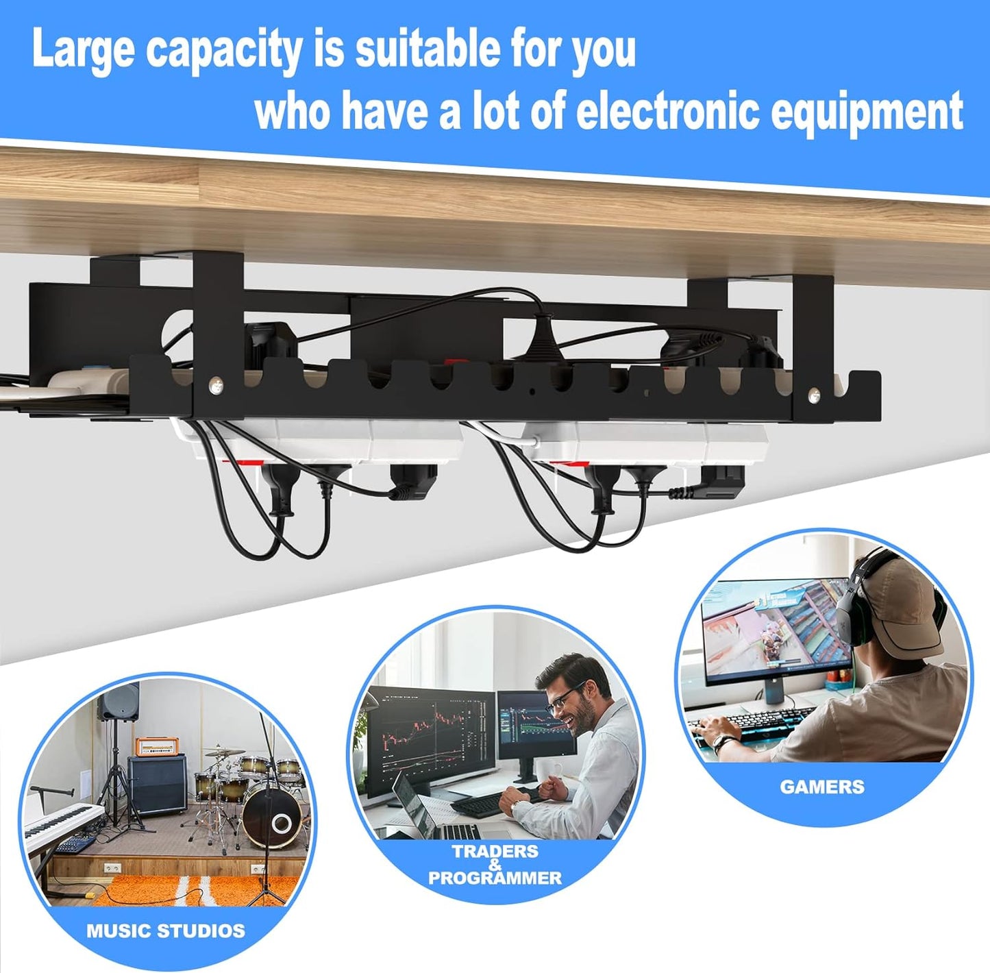 2PACKS Cable Management Under Desk Tray Adjustable Large Under Table Cord Wire Organizer for Standing Desk