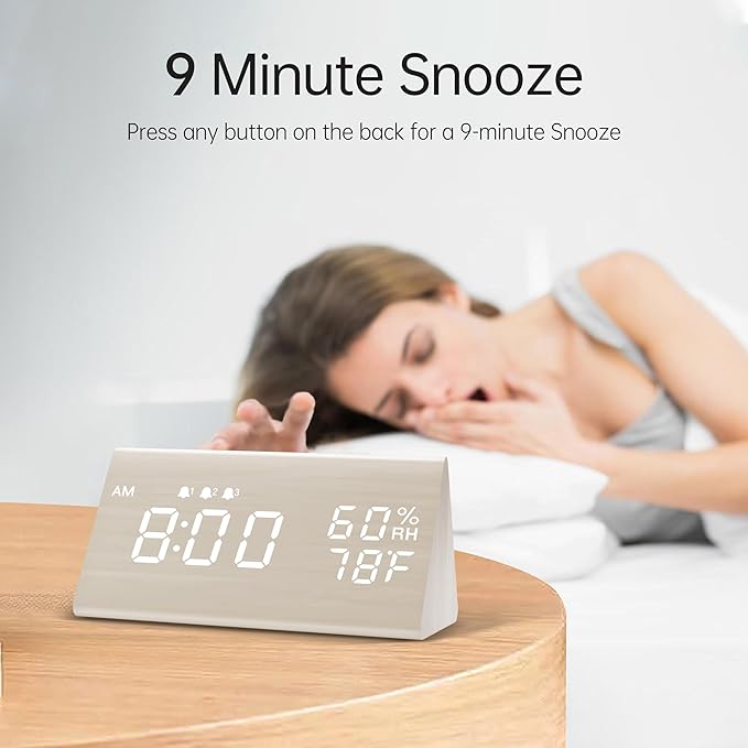 Digital Alarm Clock, with Wooden Electronic LED Time Display, 3 Alarm Settings - Image 4