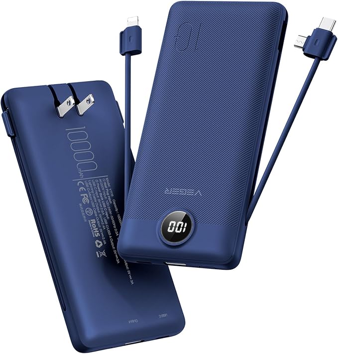 VEGER Portable Charger with Built-in AC Plug and Cables, All in One 10000mAh by VEGER