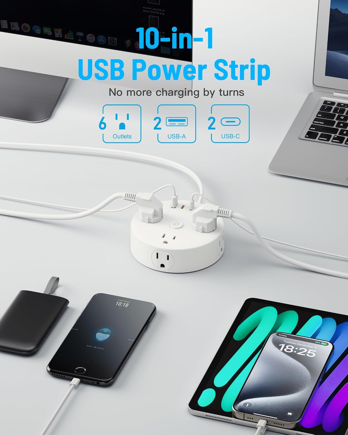 PD20W 2 Prong Power Strip, Yozisital 2 Prong to 3 Prong Outlet Adapter | 180° Rotating Plug, 10FT, 6 Outlets 4 USB (2 USB-C), Ideal for Older House