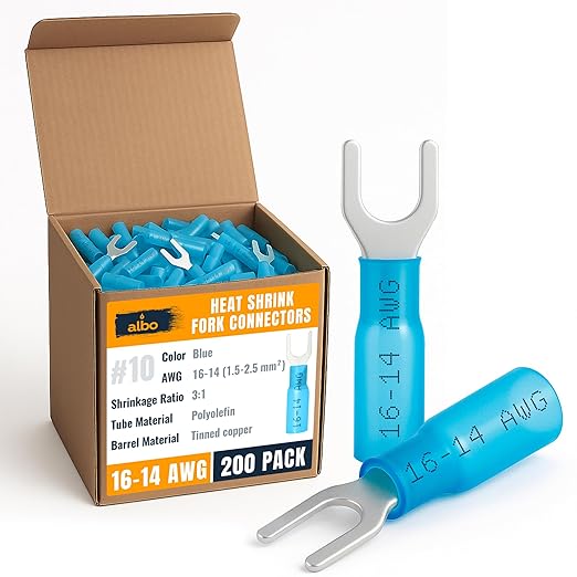 200PCS Blue Heat Shrink Fork Spade Connectors #10 – 16-14 AWG Tinned Copper by BinamInc