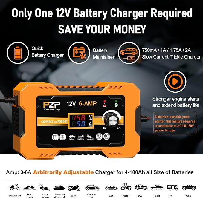12V Automatic Car Battery Charger, 0-6A Arbitrarily Adjustable Smart Trickle - Image 2