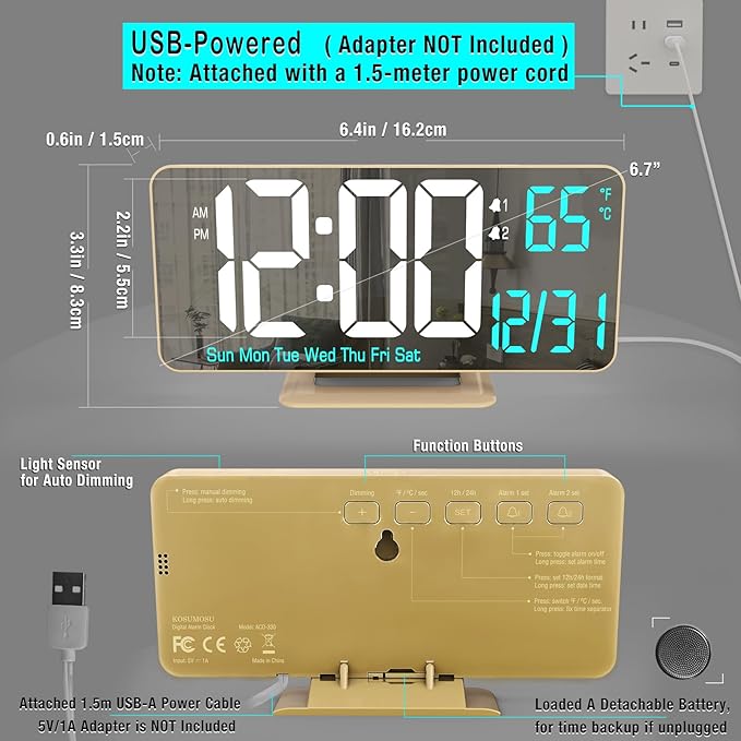 KOSUMOSU Dual Alarm Clock 6.7in Gold Desk Clock - Image 5