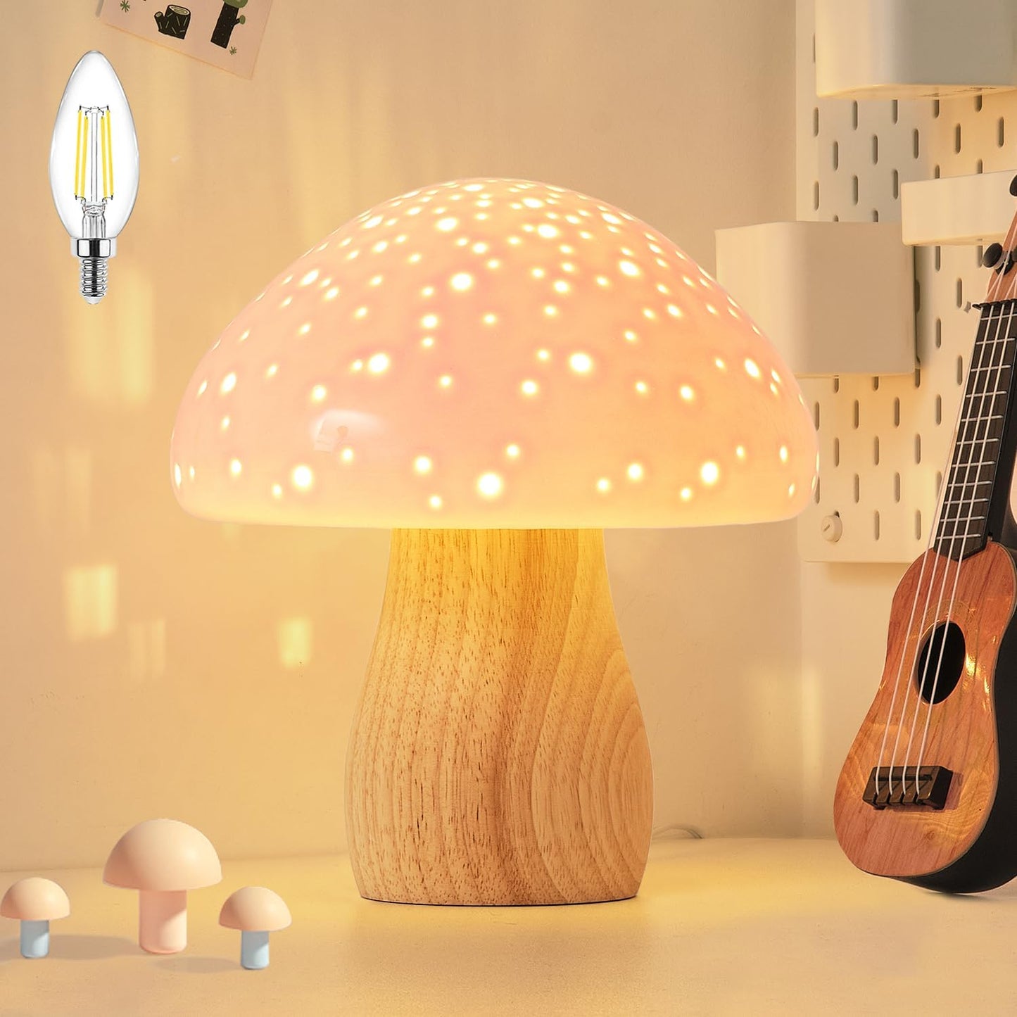 BOHON Mushroom Lamp Ceramic Bedside Table Lamp, Pink | Vintage Cute Night Light Small Aesthetic Nightstand Lamp for Living Room Bedroom Kids Desk Home Decor, LED Bulb Included