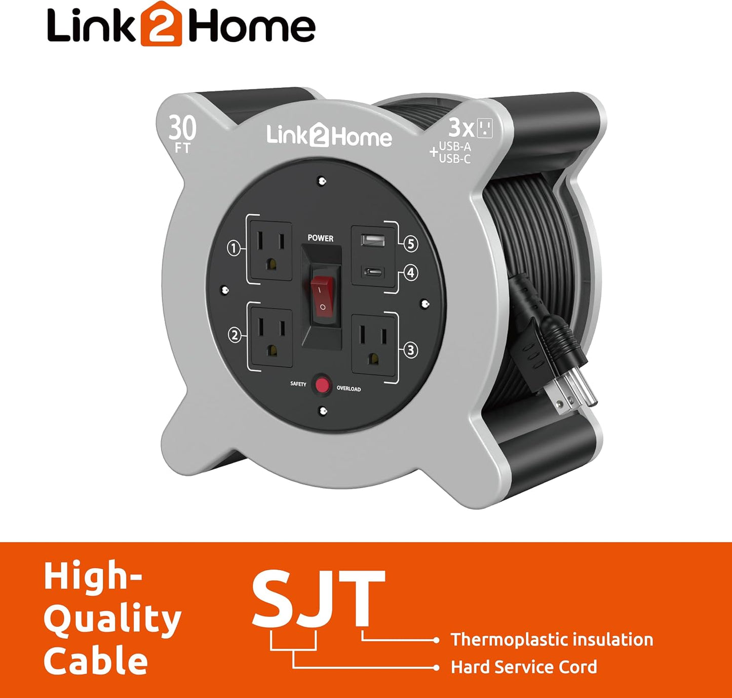 Link2Home 30 Ft. Extension Cord Reel, 3 Outlets, 2 USB Ports | 16 AWG SJT cable, 2.4A fast-charge USB ports, compact reel storage