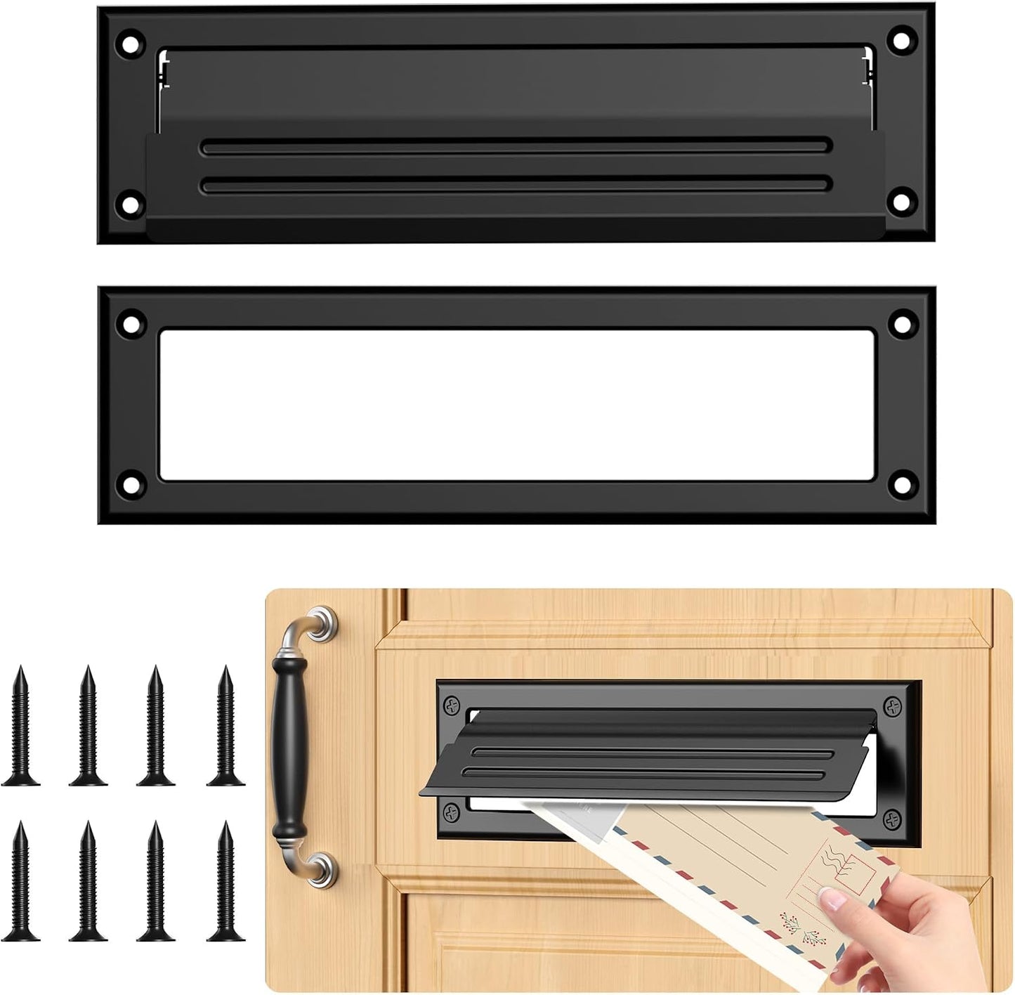 10 inch Mail Slot for Front Door, Stainless Steel Mail Slot Cover | With Pre-Drilled Holes Screws Included, Easy to Install, Heavy Duty Inner Frame, Water Resistance, 10"×3", Black