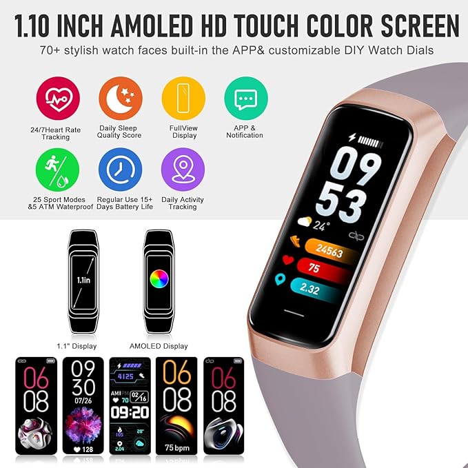 Fitness Tracker with 24/7 Heart Rate Blood Oxygen Sleep Monitor, 1.1" AMOLED - Image 2