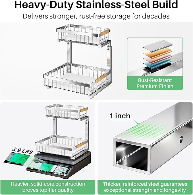 Under Sink Organizer, Stainless Steel 2 Packs 2 Tier Under Sink Organizers and - Image 2