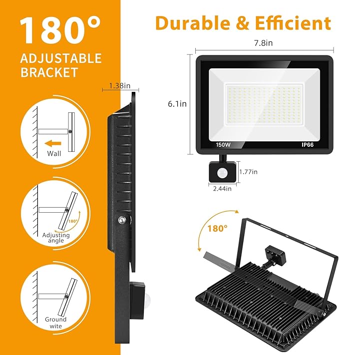 YANYCN 2 Pack 150W LED Motion Sensor Flood Light, 5000K Daylight, IP66 - Image 6