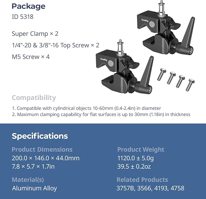 SmallRig Super Clamp Kit 2-Pack, Heavy Duty Max Load 33lb /15kg, - Image 7