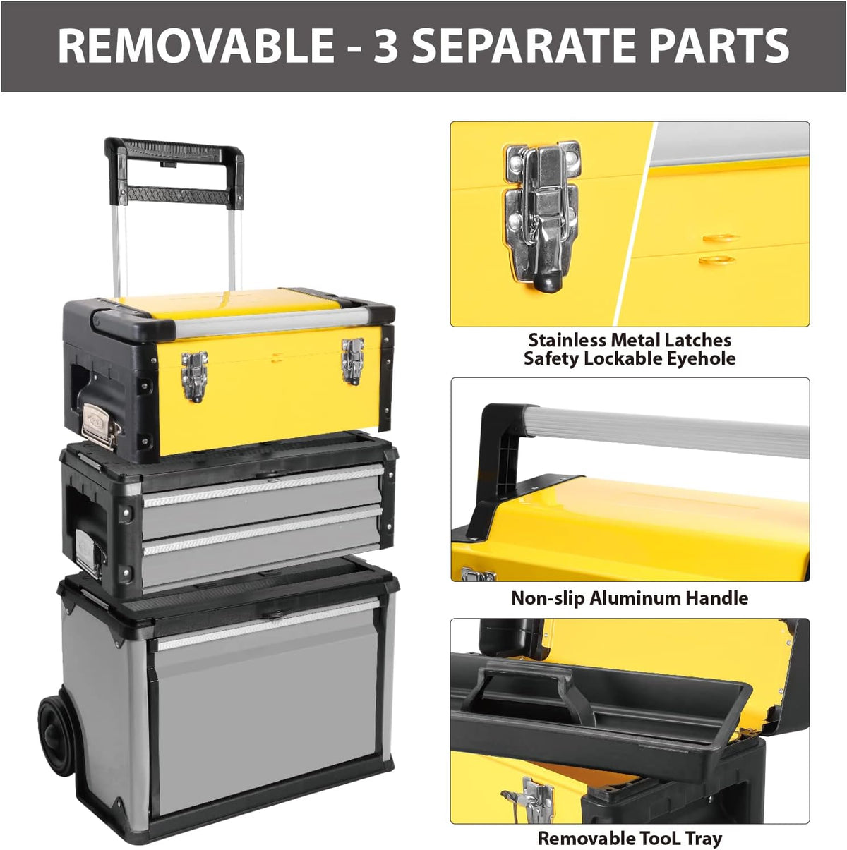 big red stackable portable metal tool box organizer, close-up detail