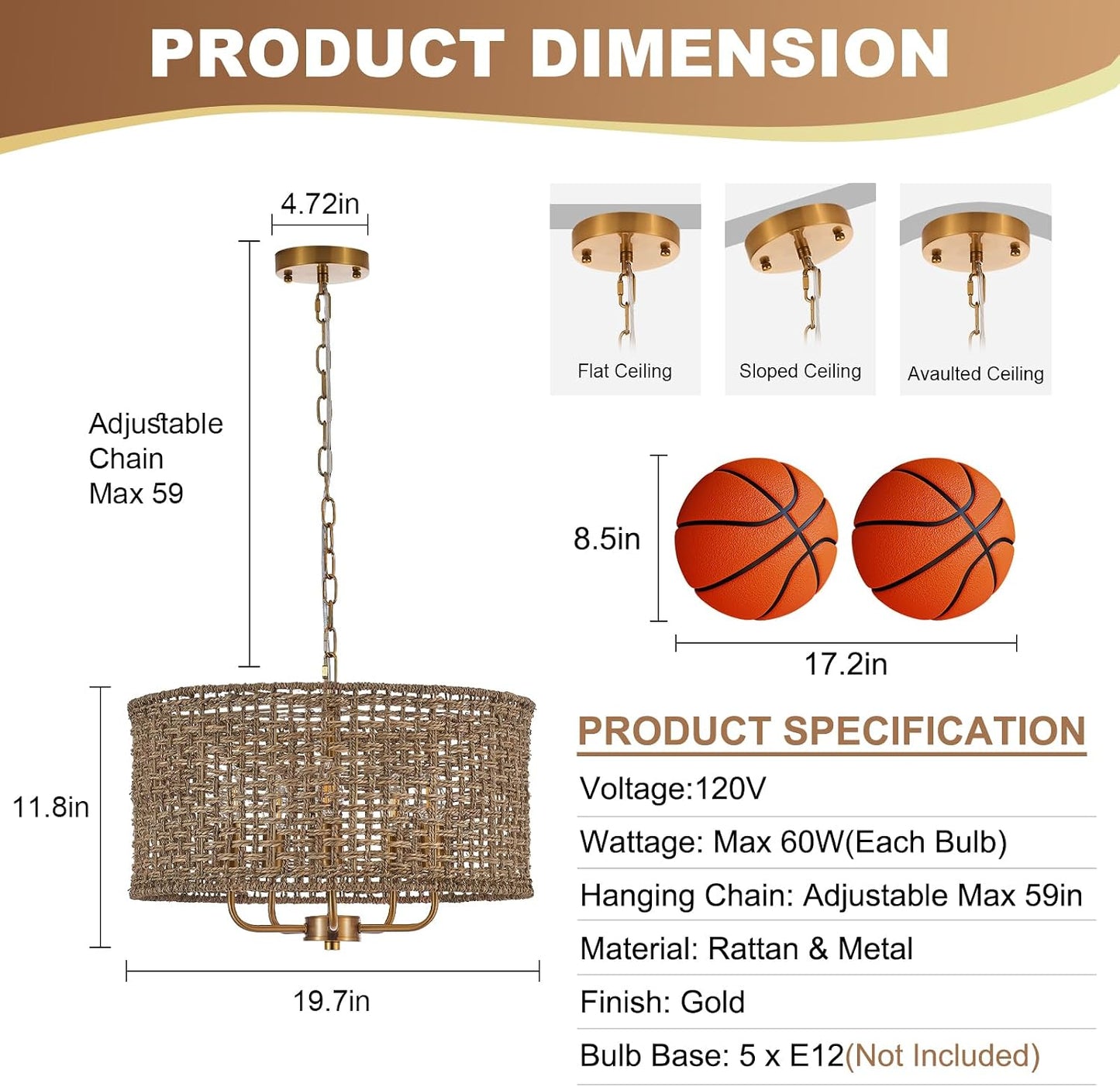 19.7" Gold Rattan Chandelier, 5-Light Boho Wicker Light Fixture | Hand-Woven Rattan Pendant Light; Adjustable Chain; Farmhouse Basket Drum Chandeliers for Dining Room, Kitchen Island, Bedroom