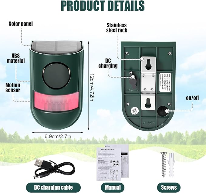 Qualirey 4 Pack Solar Sound and Light Alarm Motion Sensor 129db Outdoor - Image 2